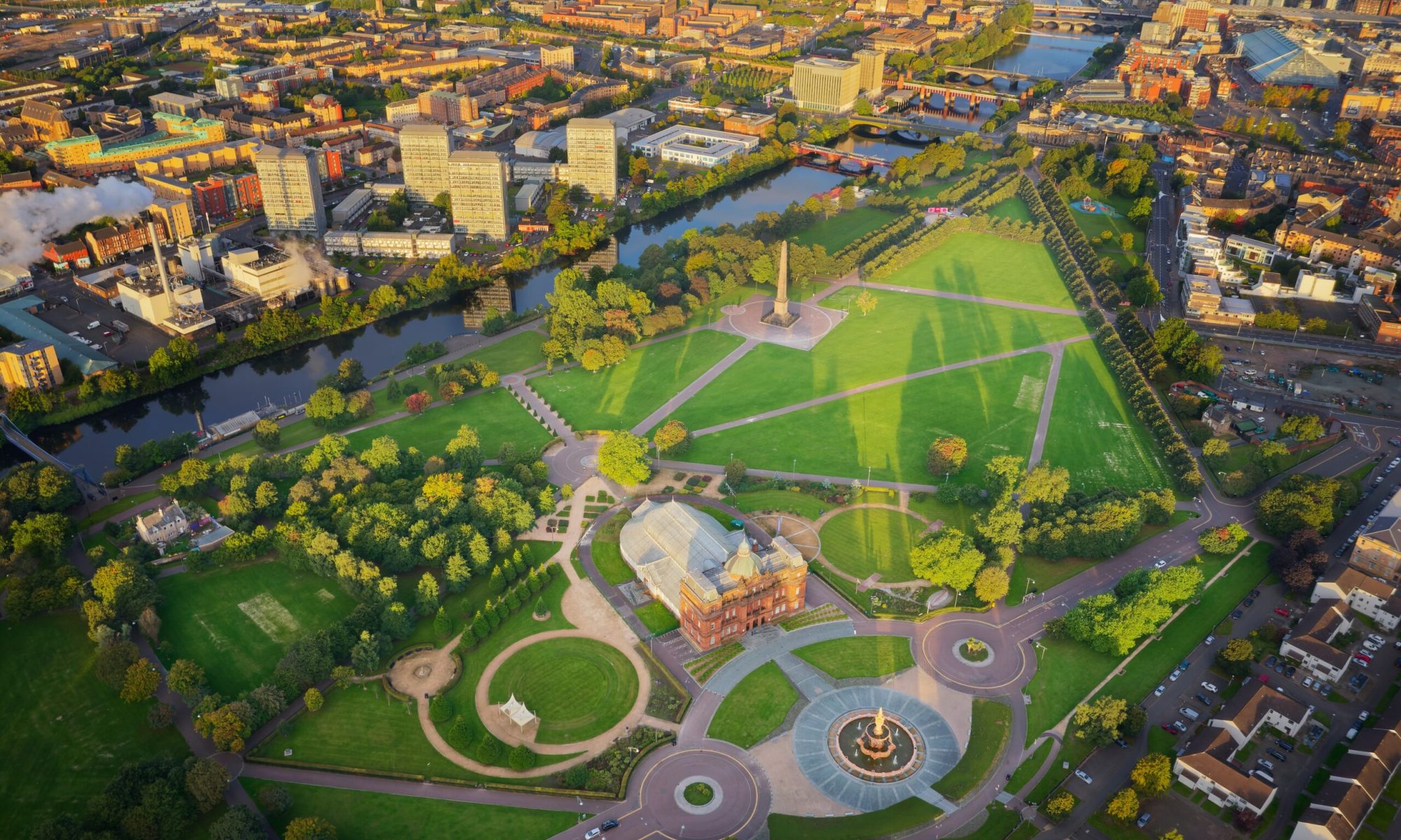 Aerial view of Glasgow Green and the River Clyde at sunrise UK